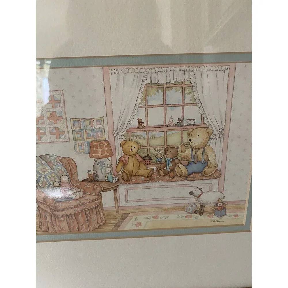 Country bears wood framed art print quilting room pastels signed nursery cottage